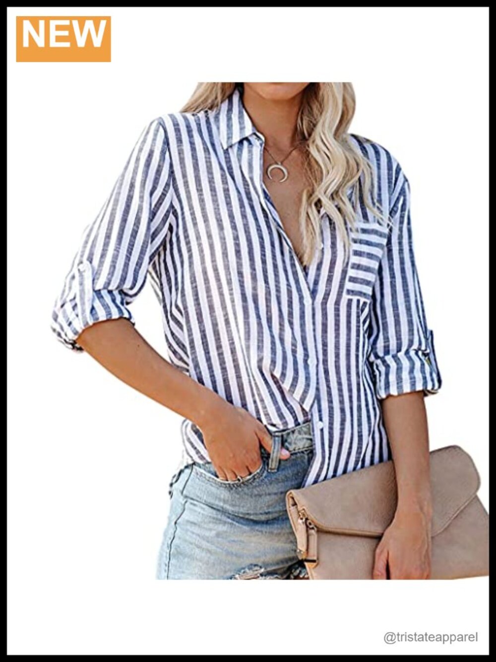 Women's Striped Long Sleeve Button Down V-Neck Cotton Casual Shirt